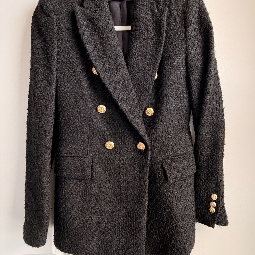 Zara Black Tweed Double Breasted Blazer Gold Button Jacket Classic Chic - Picture 3 of 6